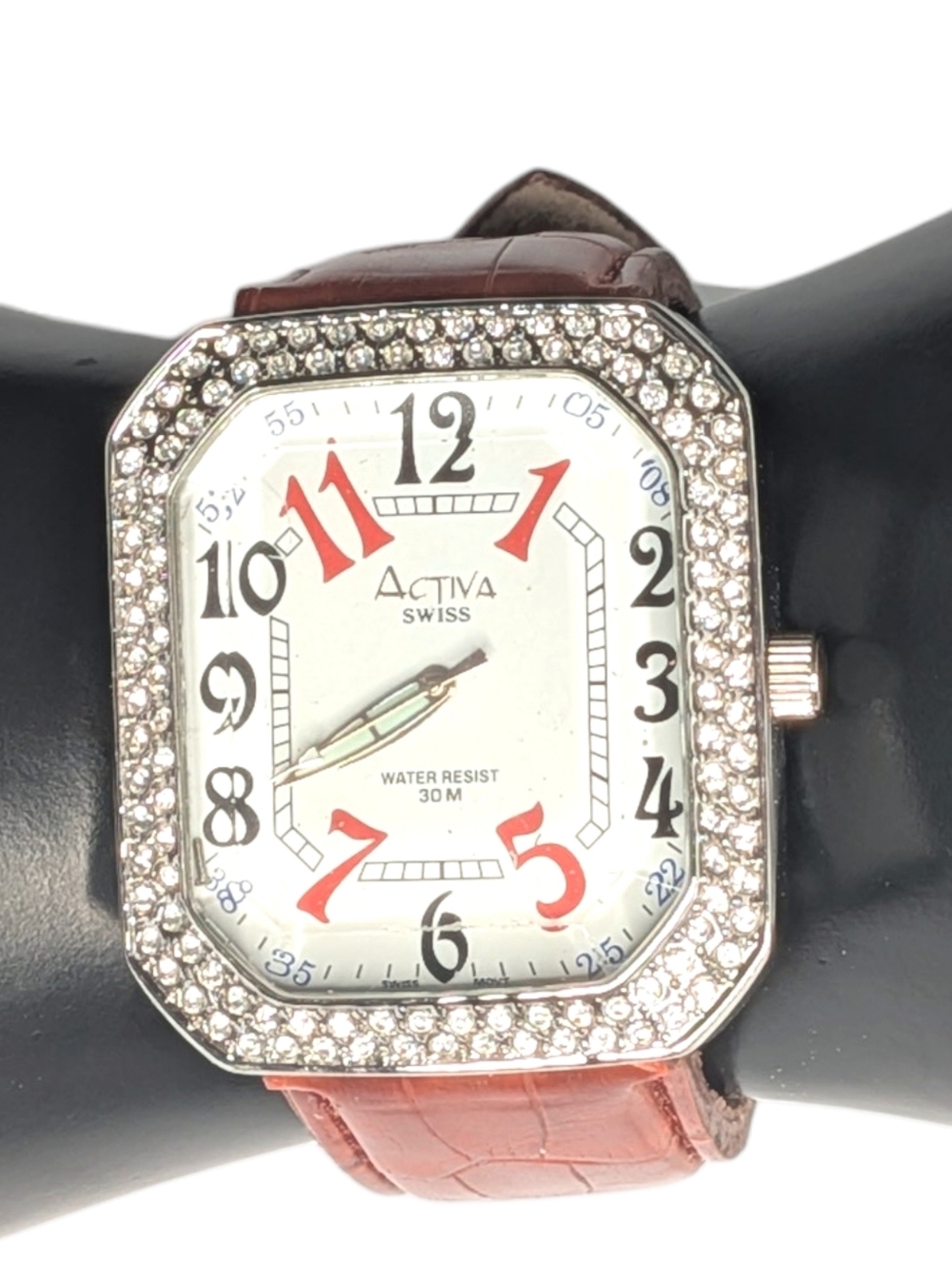 Vintage‎ Activa Watch Swiss Rhinestone Crystal Bezel Brown Faux Croc Strap 30M